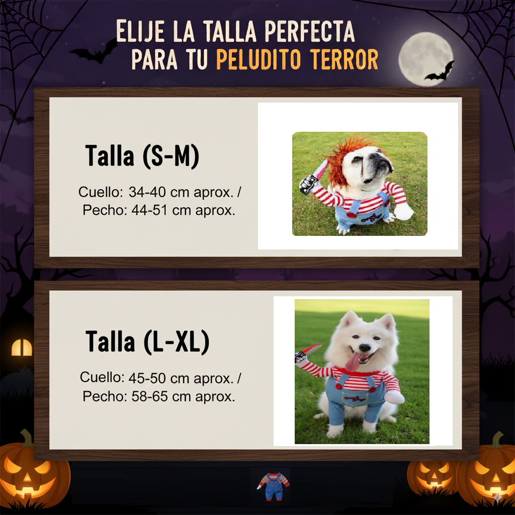 🪓 Disfraz de Chucky para Mascotas – ¡Terror y ternura en un solo look! 👻  Este mes con Descuento del 30%